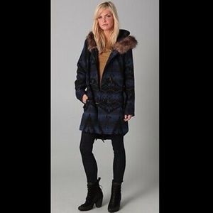 BB Dakota Bostwick blue fleece coat jacket parka faux fur hood Aztec-style Small